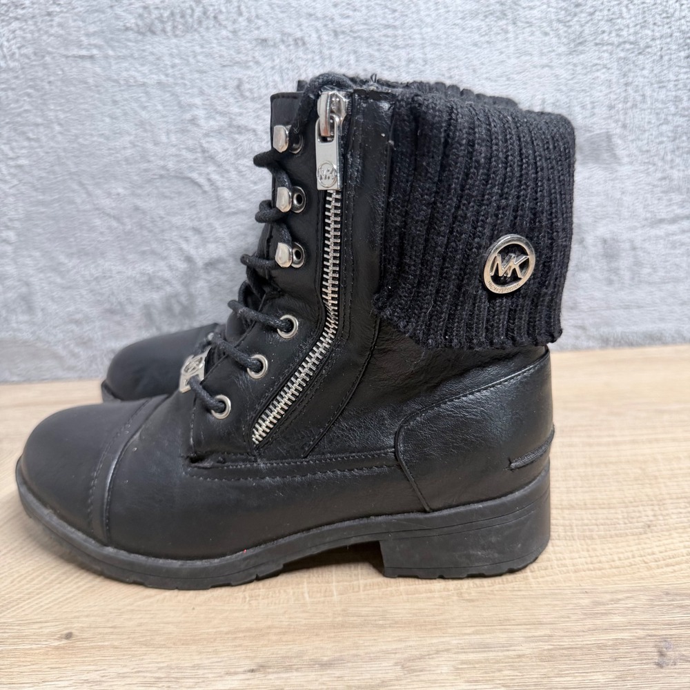 Michael Kors Donna Combat Boots Kids Size 3 Black Knit Cuff‎ Lace Up Lug Sole
